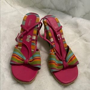 Bright Pink Striped Bow Slingback Sandals